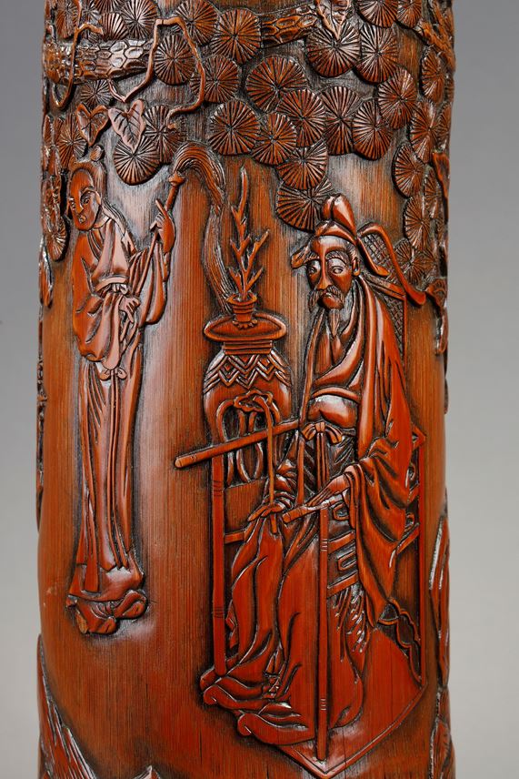 Large bamboo brushpot with carved decor | MasterArt